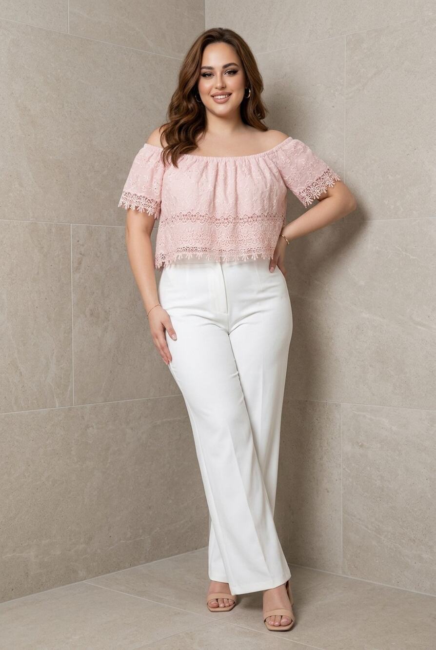Pink Lace Crochet Overlay Off-The-Shoulder Crop Top Jeans by Buffalo Size 16